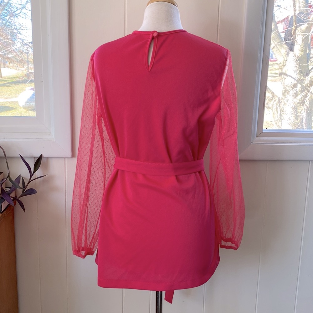 Vintage 60s 70s Hot Pink Sheer Mesh Bow Top Tunic L/XL - Picture 4 of 6